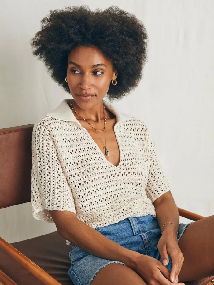 Women Sweaters Faherty Nusa Crochet Polo Sweater Birch