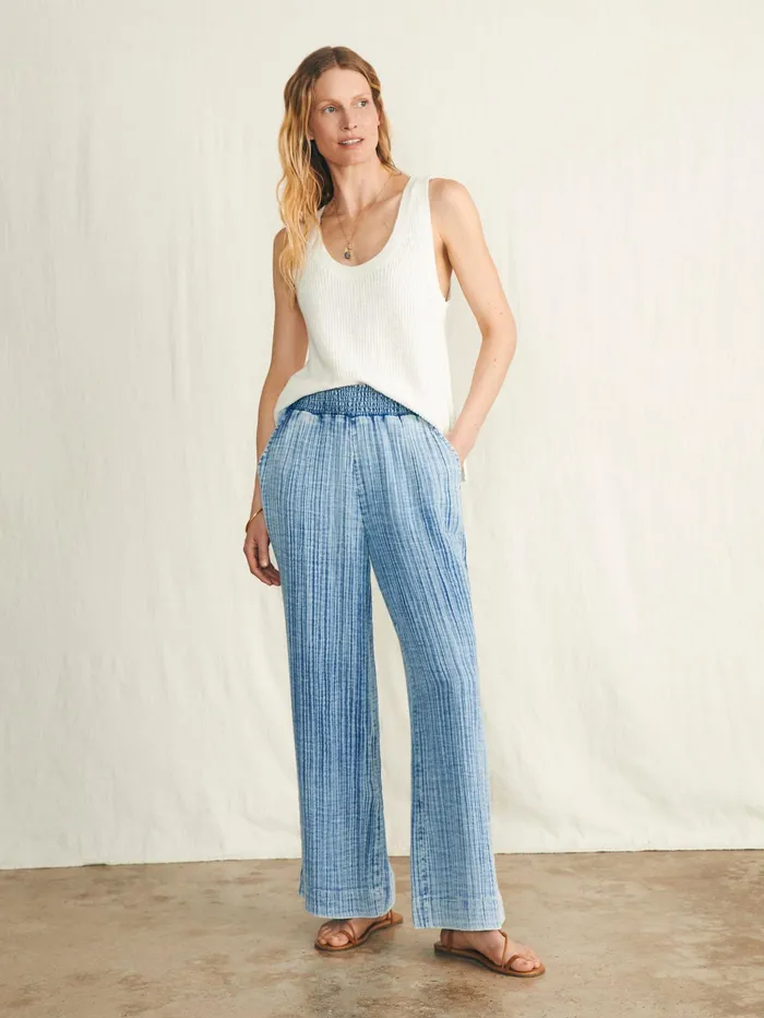 Women Swim Faherty Dream Cotton Gauze Wide Leg Pant Light Indigo Wash