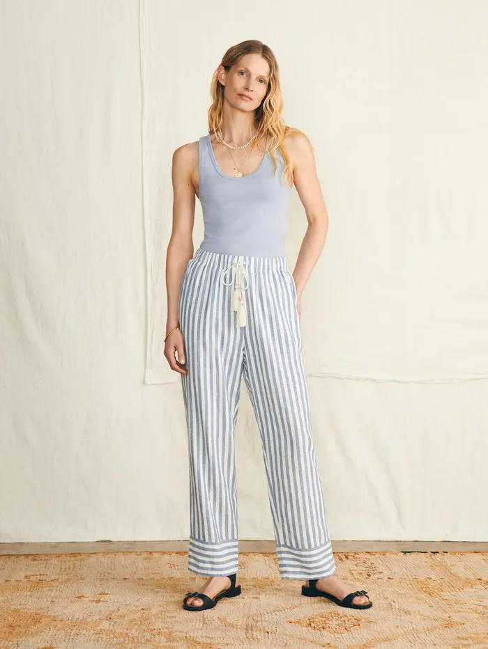 Women Swim Faherty Pacific Beach Linen Pant Blue Lucy Stripe
