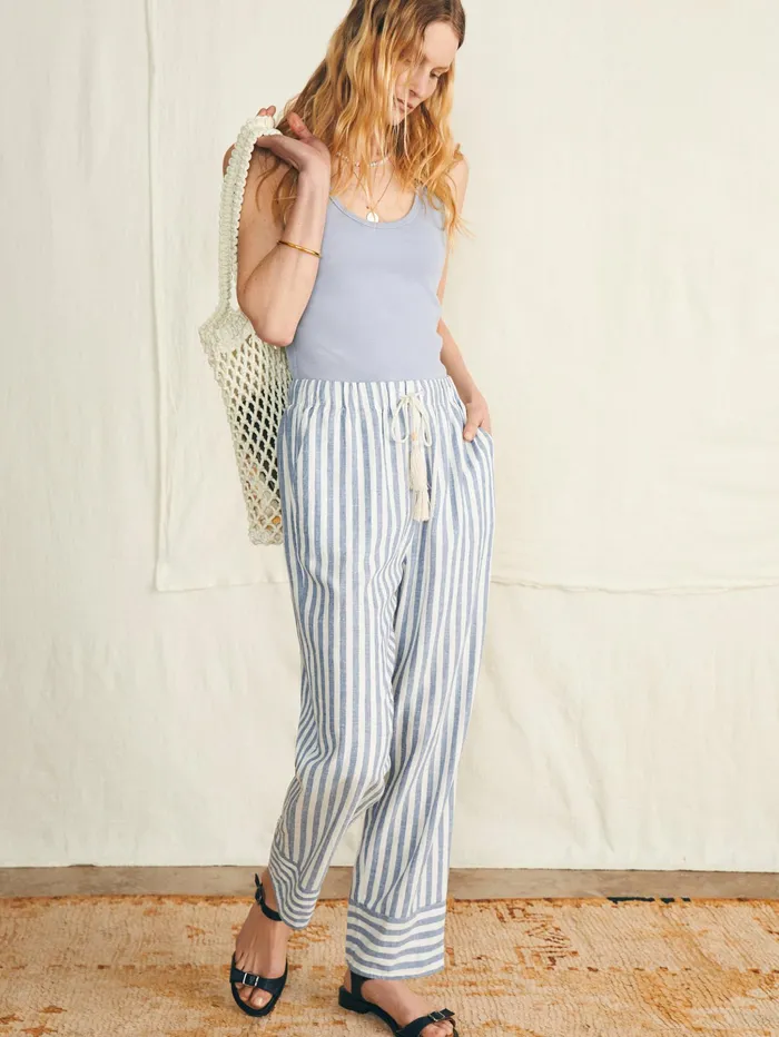 Women Swim Faherty Pacific Beach Linen Pant Blue Lucy Stripe