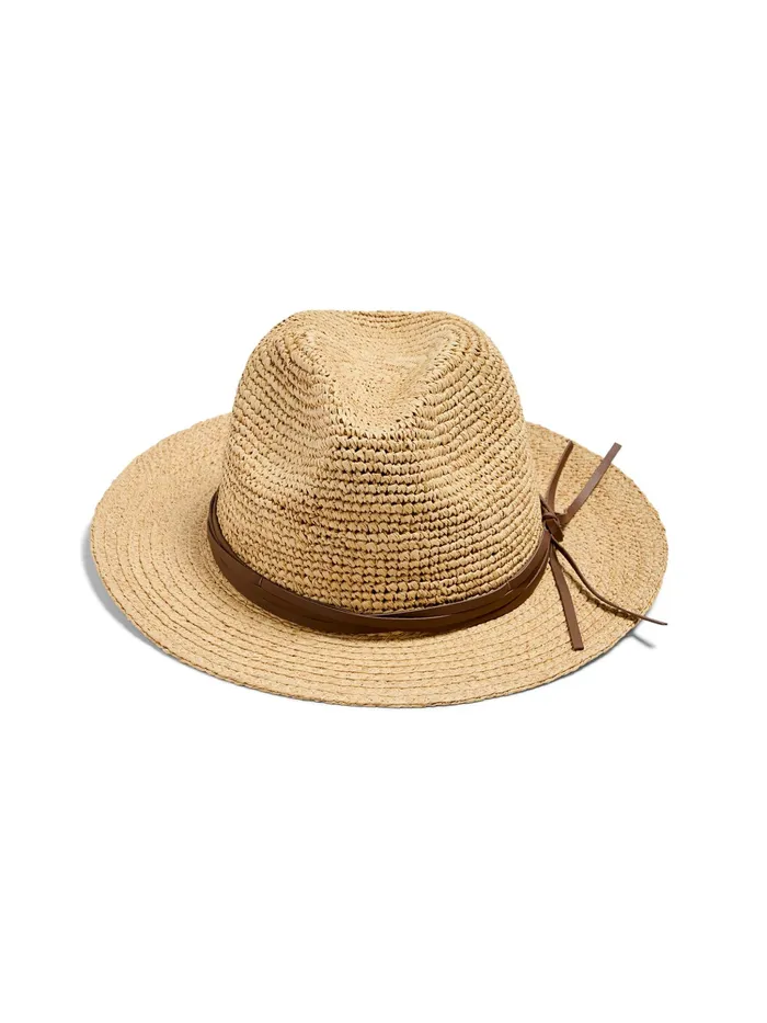 Women Swim Faherty Raffia Trim Crochet Fedora Natural