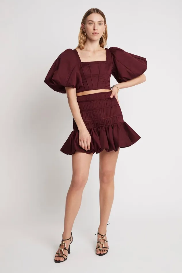 Women Sylvia Puff Sleeve Crop Top Chestnut Red Aje Tops