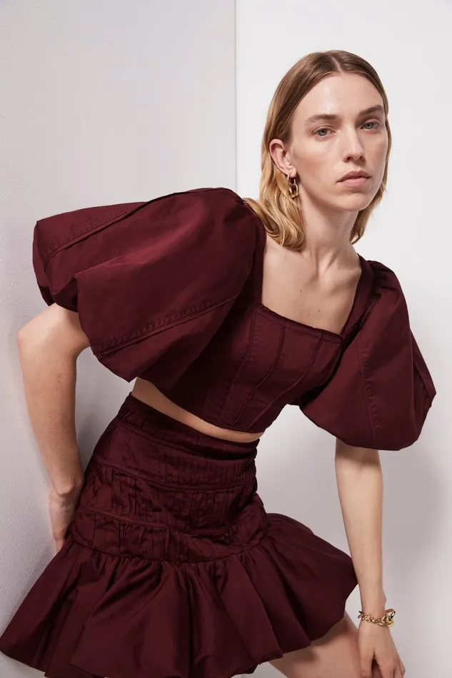 Women Sylvia Puff Sleeve Crop Top Chestnut Red Aje Tops
