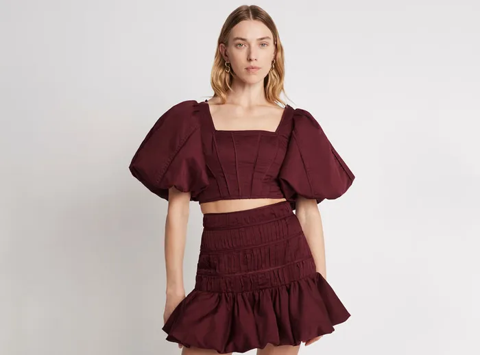 Women Sylvia Puff Sleeve Crop Top Chestnut Red Aje Tops