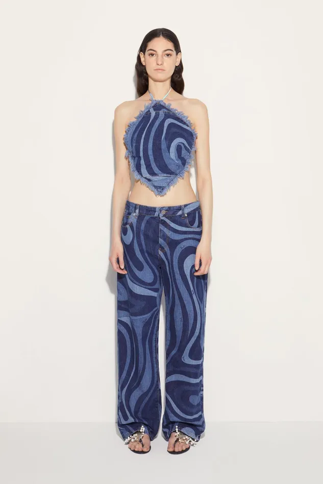 Women Tops And Shirts PUCCI MarmoPrint Denim Halterneck Top