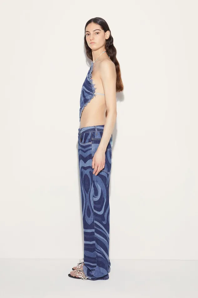 Women Tops And Shirts PUCCI MarmoPrint Denim Halterneck Top