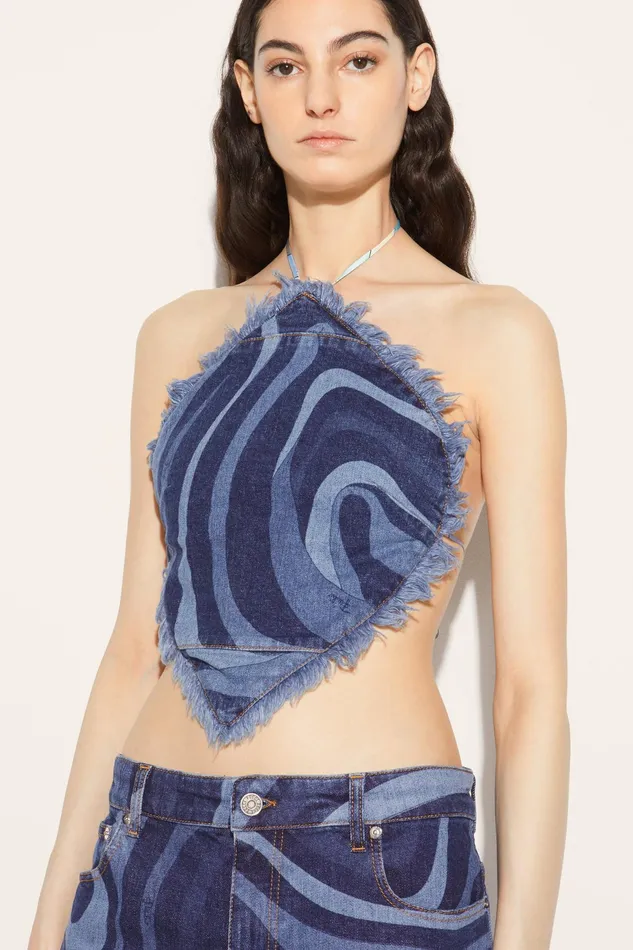 Women Tops And Shirts PUCCI MarmoPrint Denim Halterneck Top