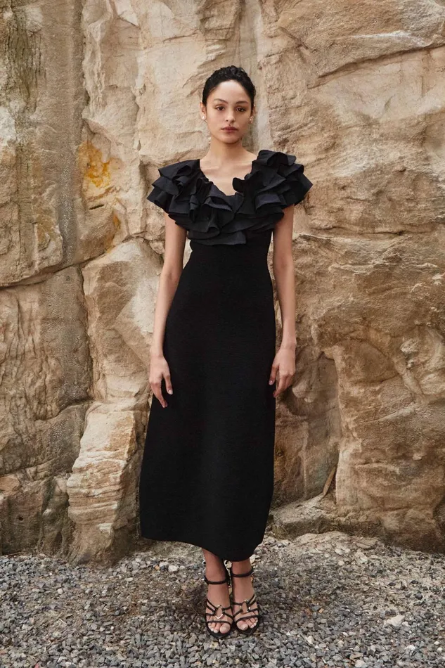 Women Transcendent Ruffle Midi Dress Black Aje Dresses