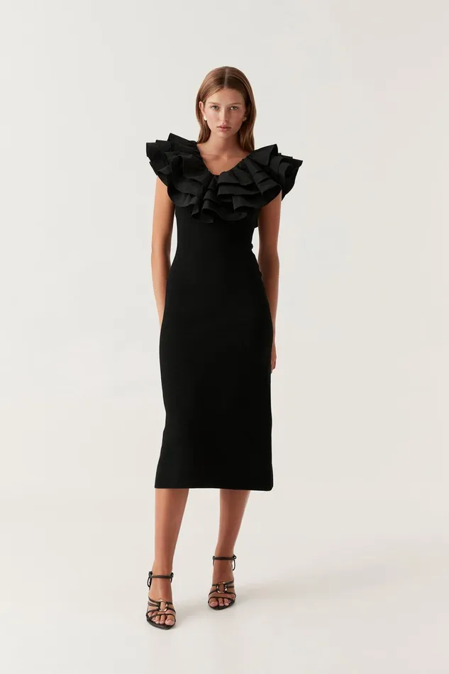 Women Transcendent Ruffle Midi Dress Black Aje Dresses