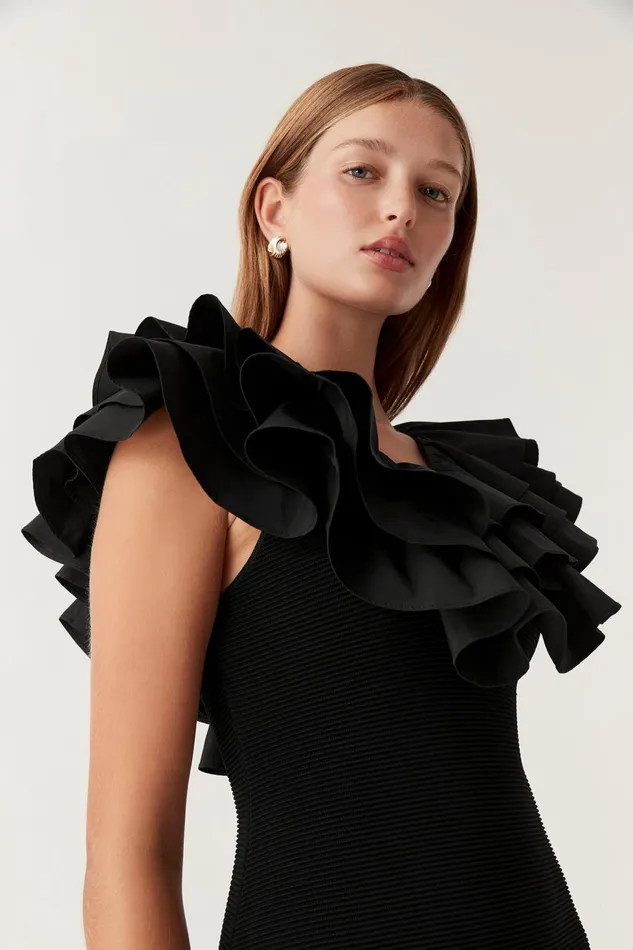 Women Transcendent Ruffle Midi Dress Black Aje Dresses