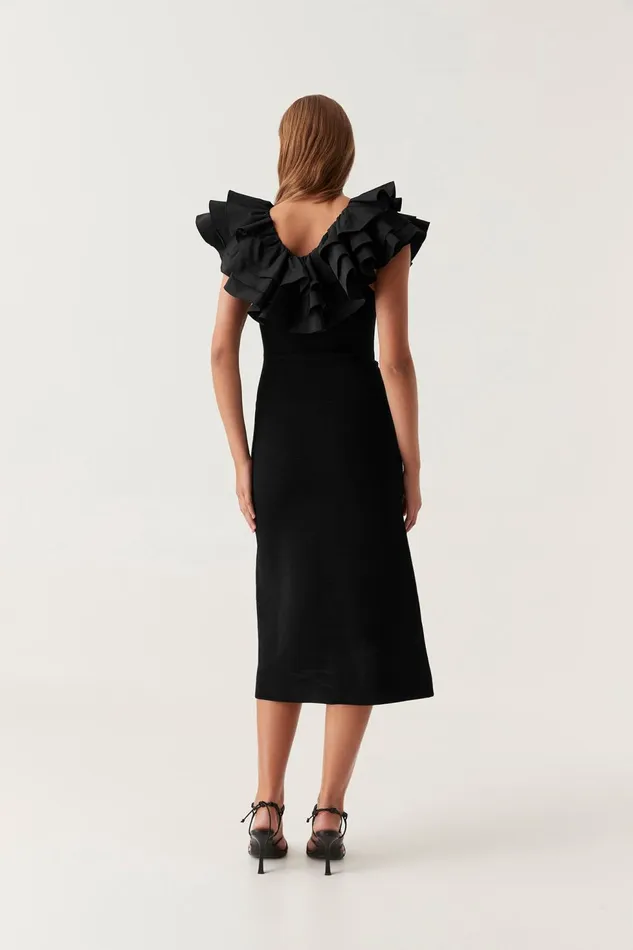 Women Transcendent Ruffle Midi Dress Black Aje Dresses