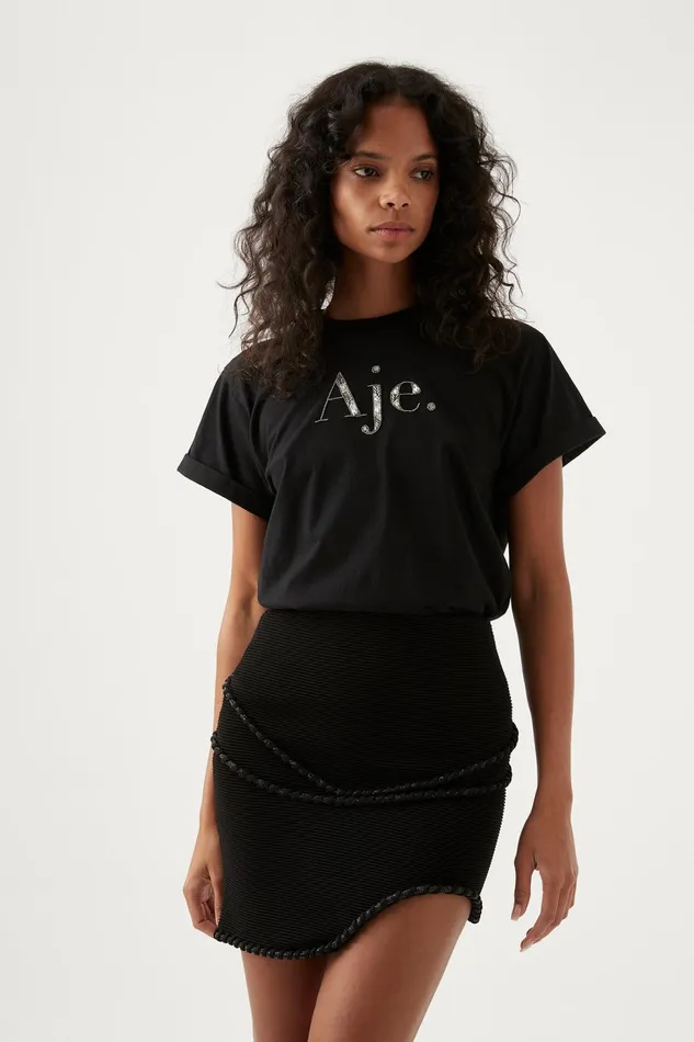 Women Undulating Knit Mini Skirt Black Aje Body and Crepe Knit