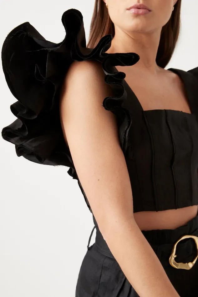 Women Vanades Frill Crop Top Black Aje Tops
