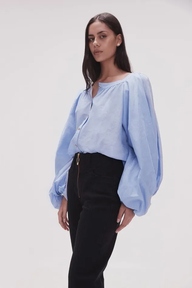 Women Violet Knot Sleeve Blouse Light Sky Blue Aje Tops