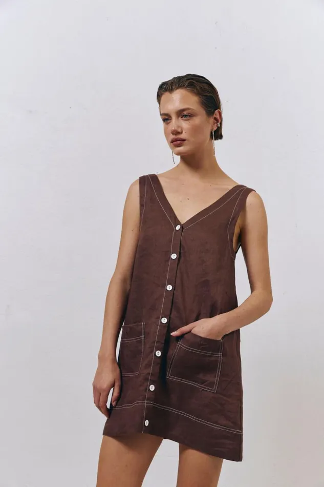 Women VRG GRL Mini Dresses Alice Linen Mini Dress Brown Women VRG GRL Mini Dresses Alice Linen Mini Dress Brown