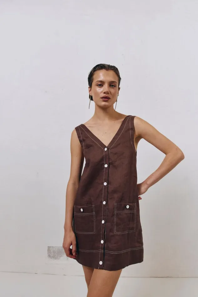Women VRG GRL Mini Dresses Alice Linen Mini Dress Brown Women VRG GRL Mini Dresses Alice Linen Mini Dress Brown