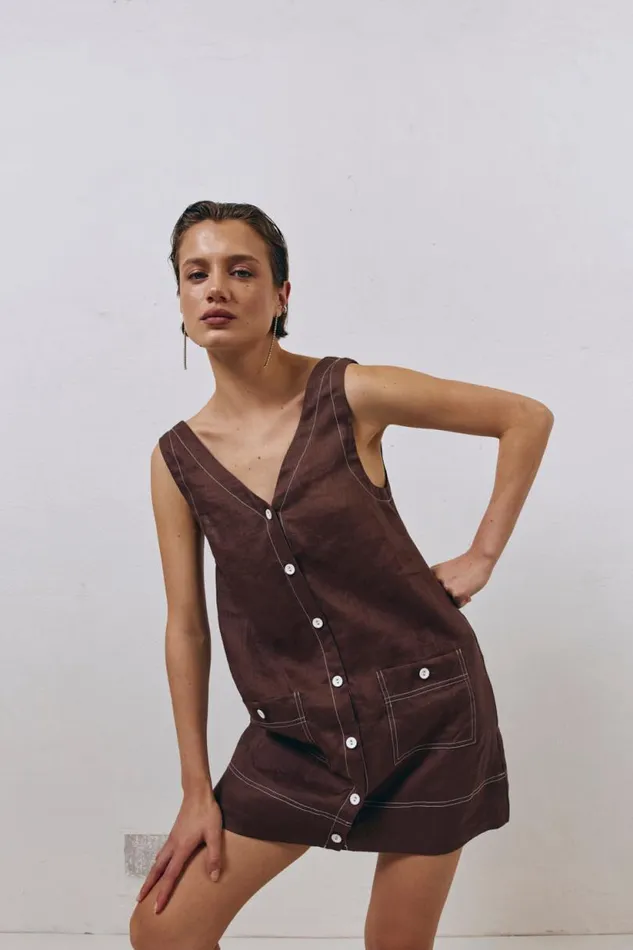 Women VRG GRL Mini Dresses Alice Linen Mini Dress Brown Women VRG GRL Mini Dresses Alice Linen Mini Dress Brown