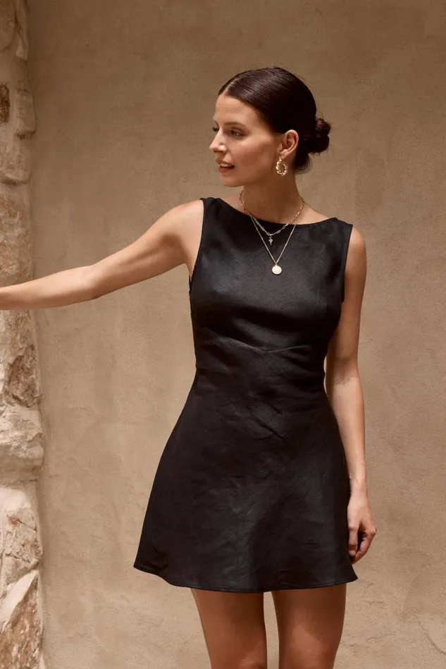 Women VRG GRL Mini Dresses Art Of Bloom Linen Bias Cut Mini Dress Black