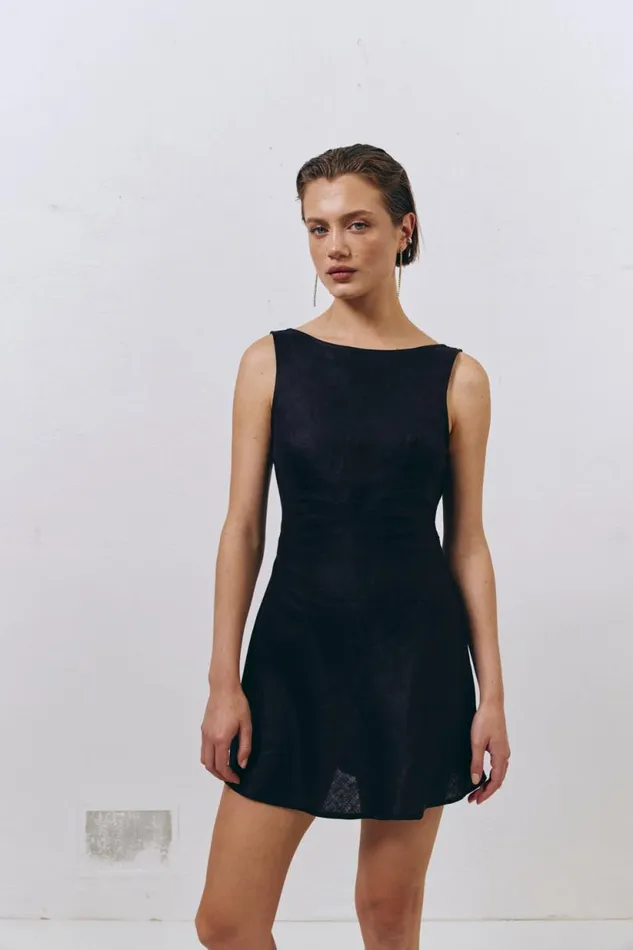 Women VRG GRL Mini Dresses Art Of Bloom Linen Bias Cut Mini Dress Black Women VRG GRL Mini Dresses Art Of Bloom Linen Bias Cut Mini Dress Black