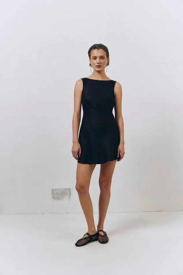 Women VRG GRL Mini Dresses Art Of Bloom Linen Bias Cut Mini Dress Black Women VRG GRL Mini Dresses Art Of Bloom Linen Bias Cut Mini Dress Black