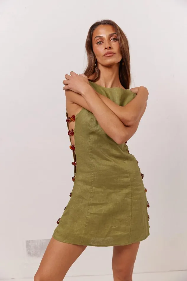 Women VRG GRL Mini Dresses Tia Linen Mini Dress Olive Women VRG GRL Mini Dresses Tia Linen Mini Dress Olive