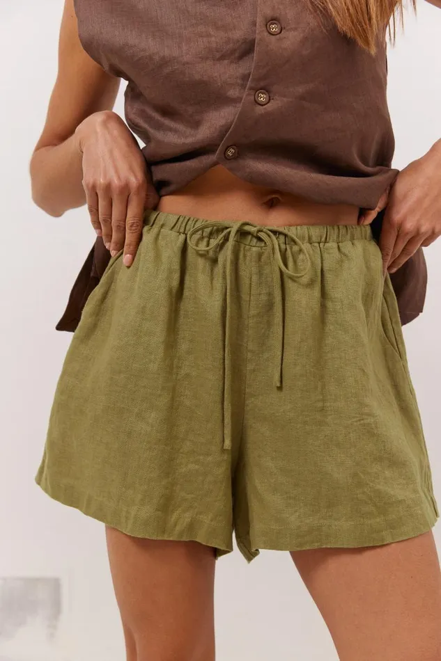 Women VRG GRL Sets Nettie Linen Shorts Olive Women VRG GRL Sets Nettie Linen Shorts Olive
