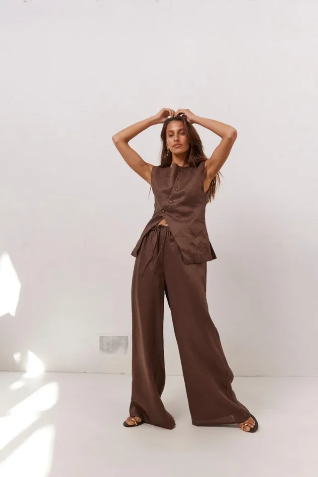 Women VRG GRL Sets Raya Linen Pants Chocolate