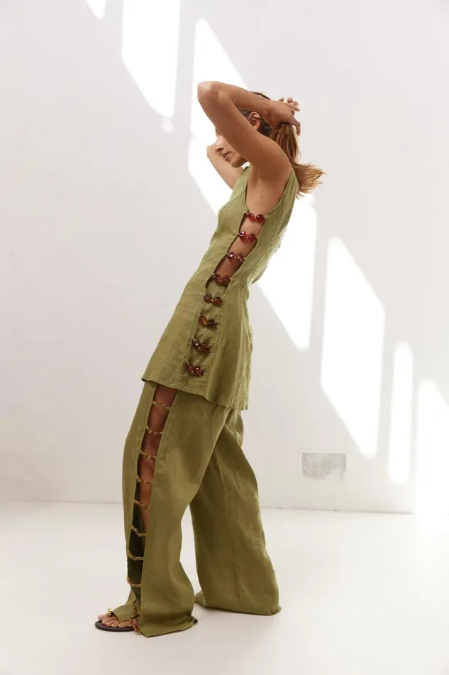 Women VRG GRL Sets Tia Linen Pants Olive Women VRG GRL Sets Tia Linen Pants Olive