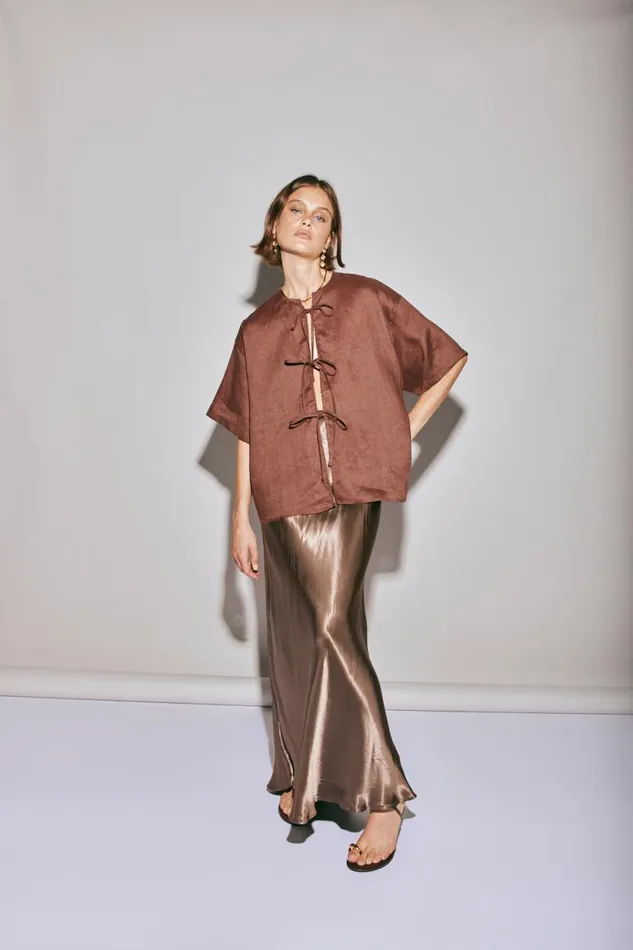 Women VRG GRL Short Sleeve Naomi Linen Smock Top Umber Women VRG GRL Short Sleeve Naomi Linen Smock Top Umber