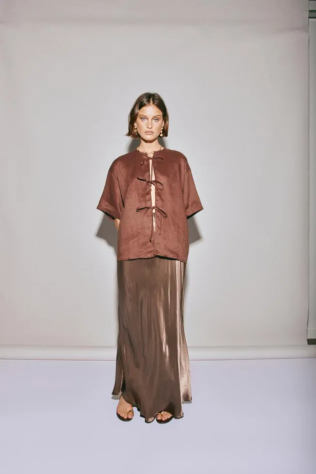 Women VRG GRL Short Sleeve Naomi Linen Smock Top Umber Women VRG GRL Short Sleeve Naomi Linen Smock Top Umber