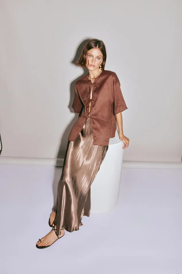 Women VRG GRL Short Sleeve Naomi Linen Smock Top Umber Women VRG GRL Short Sleeve Naomi Linen Smock Top Umber