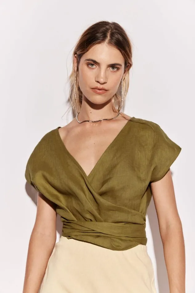 Women VRG GRL Short Sleeve Sea Glass Linen Wrap Top Olive