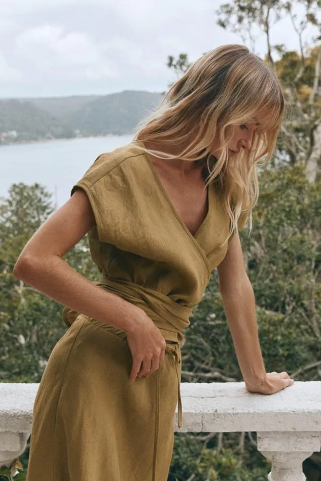 Women VRG GRL Short Sleeve Sea Glass Linen Wrap Top Olive Women VRG GRL Short Sleeve Sea Glass Linen Wrap Top Olive