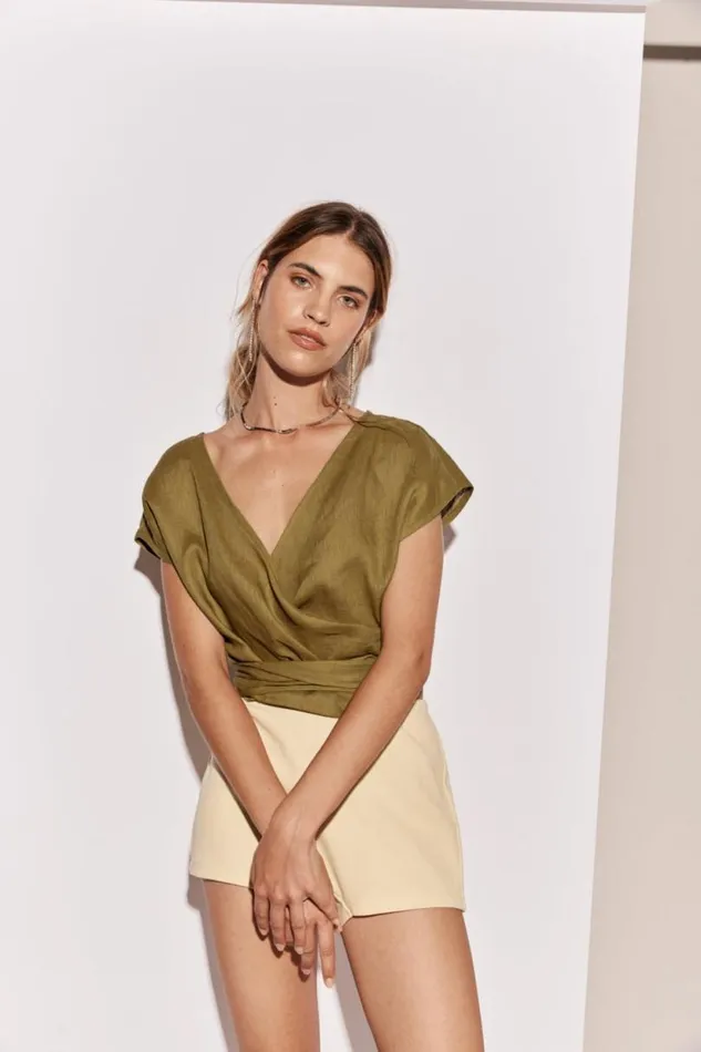 Women VRG GRL Short Sleeve Sea Glass Linen Wrap Top Olive Women VRG GRL Short Sleeve Sea Glass Linen Wrap Top Olive
