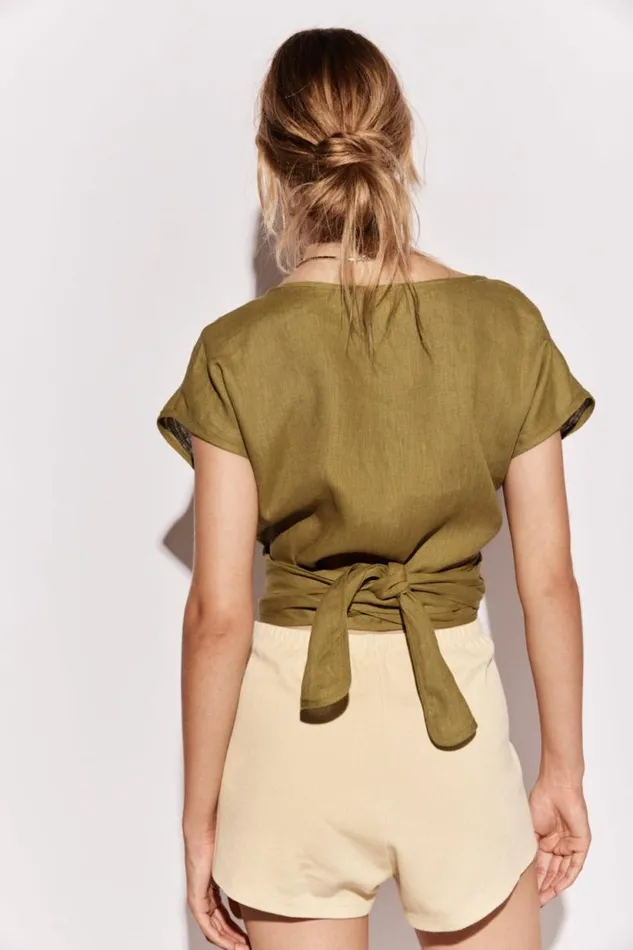 Women VRG GRL Short Sleeve Sea Glass Linen Wrap Top Olive Women VRG GRL Short Sleeve Sea Glass Linen Wrap Top Olive