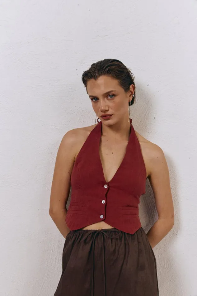 Women VRG GRL Sleeveless Los Cabos Linen Vest Wine Women VRG GRL Sleeveless Los Cabos Linen Vest Wine