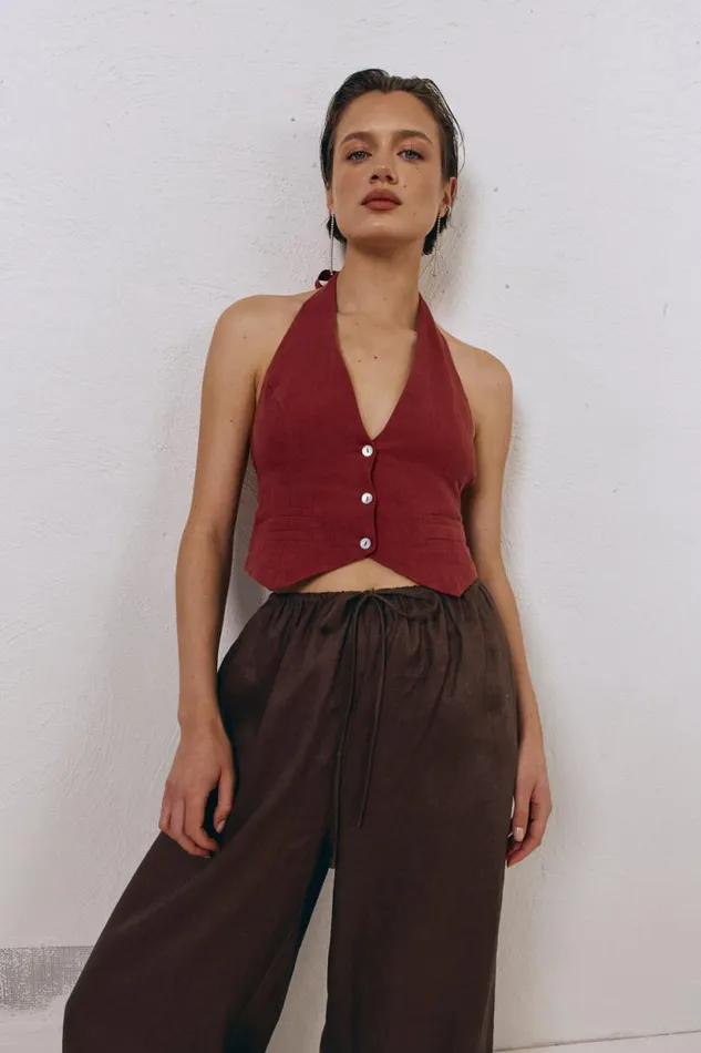 Women VRG GRL Sleeveless Los Cabos Linen Vest Wine Women VRG GRL Sleeveless Los Cabos Linen Vest Wine