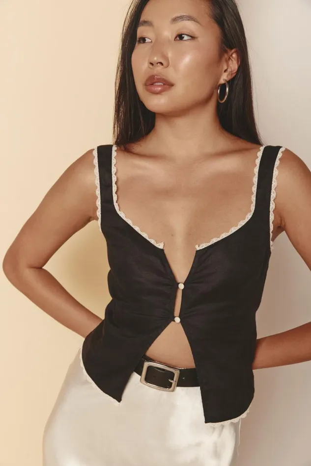 Women VRG GRL Sleeveless Love Language Linen Button Front Top Black Women VRG GRL Sleeveless Love Language Linen Button Front Top Black