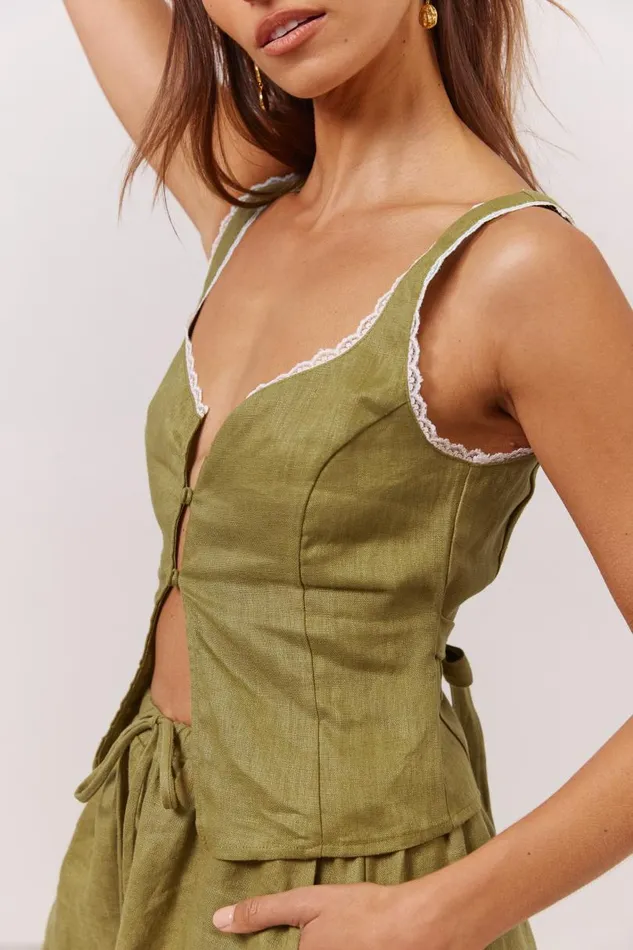 Women VRG GRL Sleeveless Love Language Linen Button Front Top Olive Women VRG GRL Sleeveless Love Language Linen Button Front Top Olive
