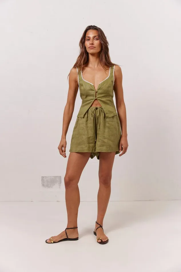 Women VRG GRL Sleeveless Love Language Linen Button Front Top Olive Women VRG GRL Sleeveless Love Language Linen Button Front Top Olive