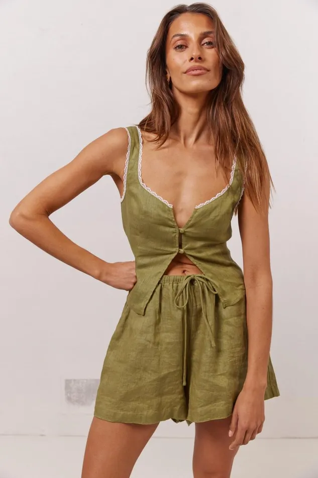 Women VRG GRL Sleeveless Love Language Linen Button Front Top Olive Women VRG GRL Sleeveless Love Language Linen Button Front Top Olive