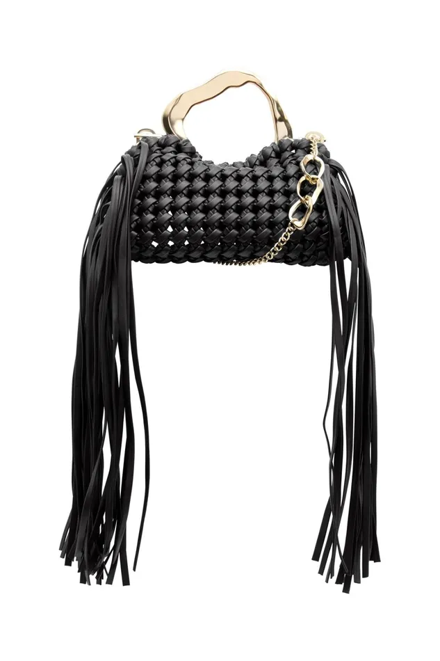 Women Weave Micro Fringe Frame Bag Black Aje Handbags and Wallets