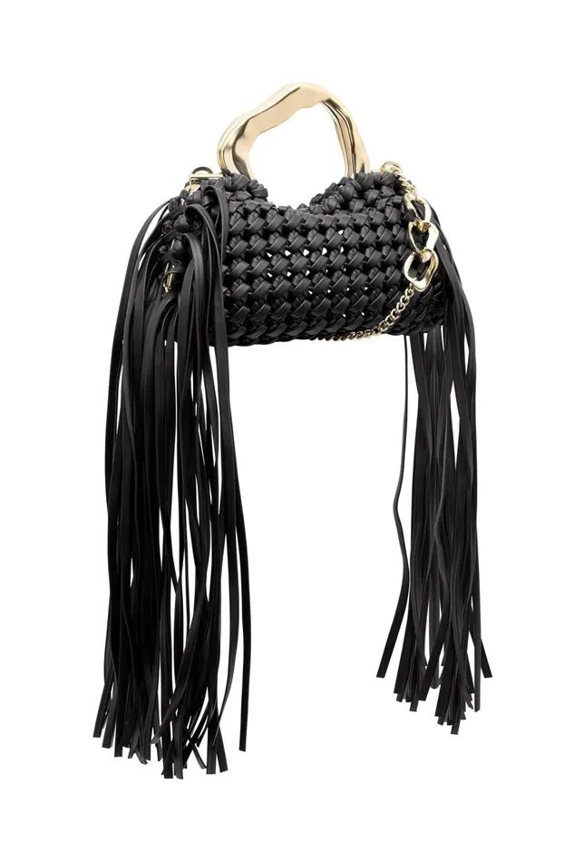 Women Weave Micro Fringe Frame Bag Black Aje Handbags and Wallets