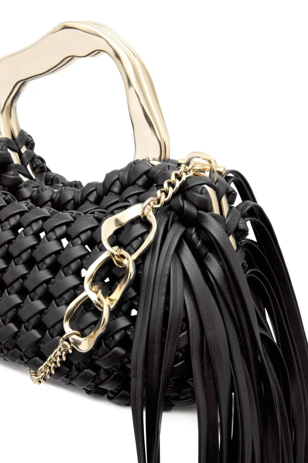 Women Weave Micro Fringe Frame Bag Black Aje Handbags and Wallets