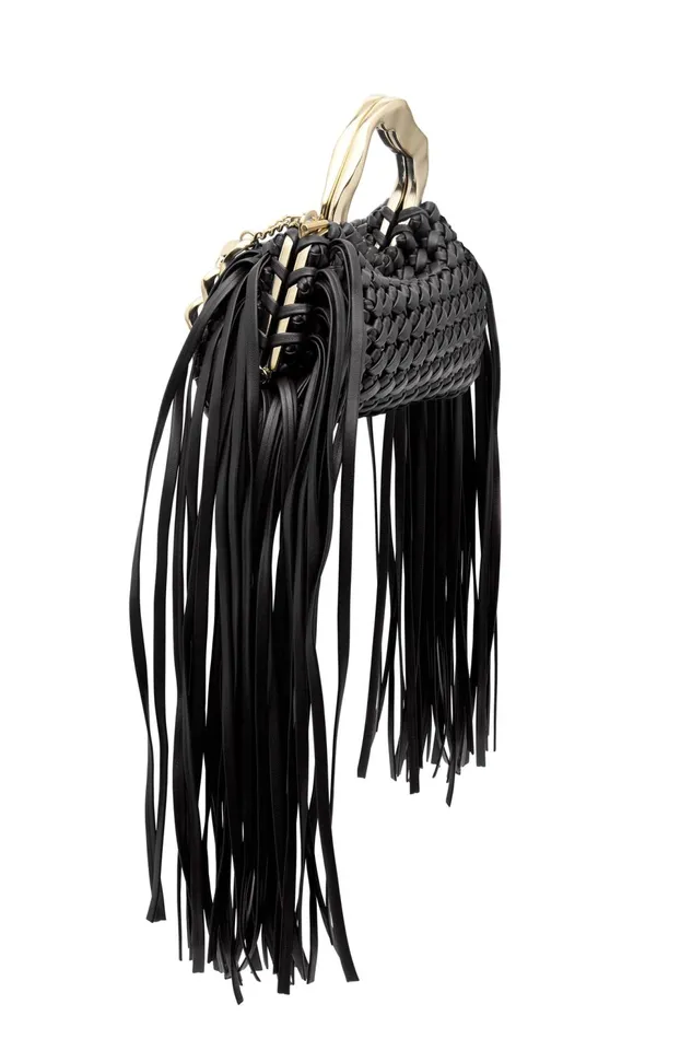 Women Weave Micro Fringe Frame Bag Black Aje Handbags and Wallets