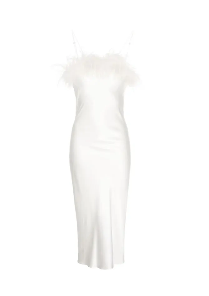 Women Wedding Celebrations Gilda and Pearl Camille Feather Trim Silk Midi Slip Dress Ivory