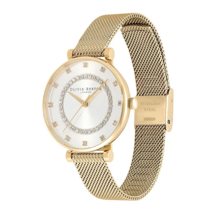 Women White Dial Watches Olivia Burton 32mm Tbar White and Gold Mesh Watch