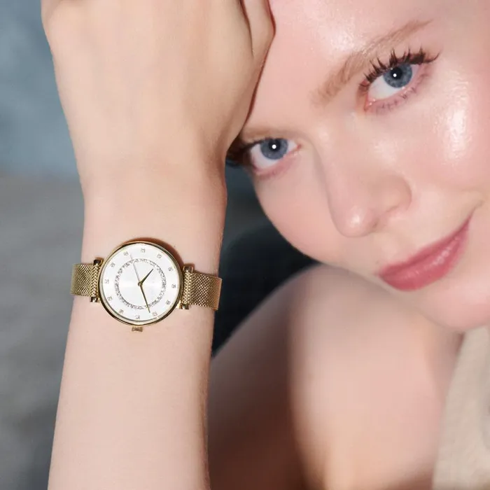 Women White Dial Watches Olivia Burton 32mm Tbar White and Gold Mesh Watch
