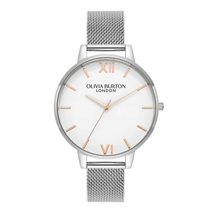 Women White Dial Watches Olivia Burton 38mm White and Silver Mesh Watch