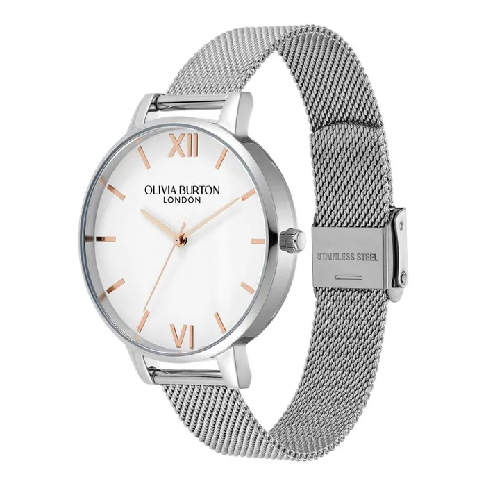 Women White Dial Watches Olivia Burton 38mm White and Silver Mesh Watch
